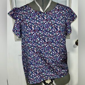 Flutter-Sleeve Floral Blouse in Navy with Pink & White Flowers